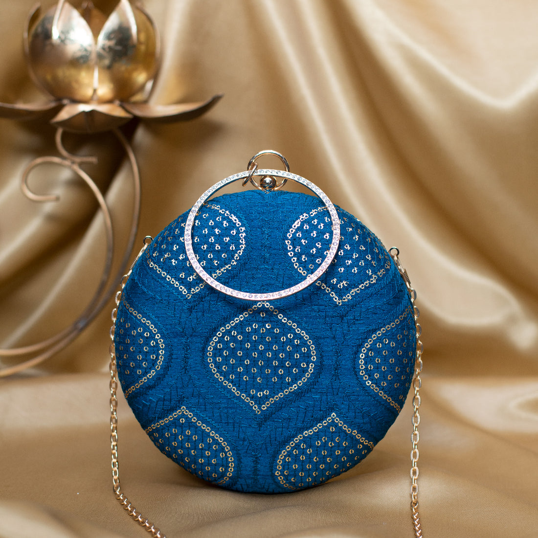 Artklim Blue Based Silver Sequins And Threadwork Embroidery Clutch