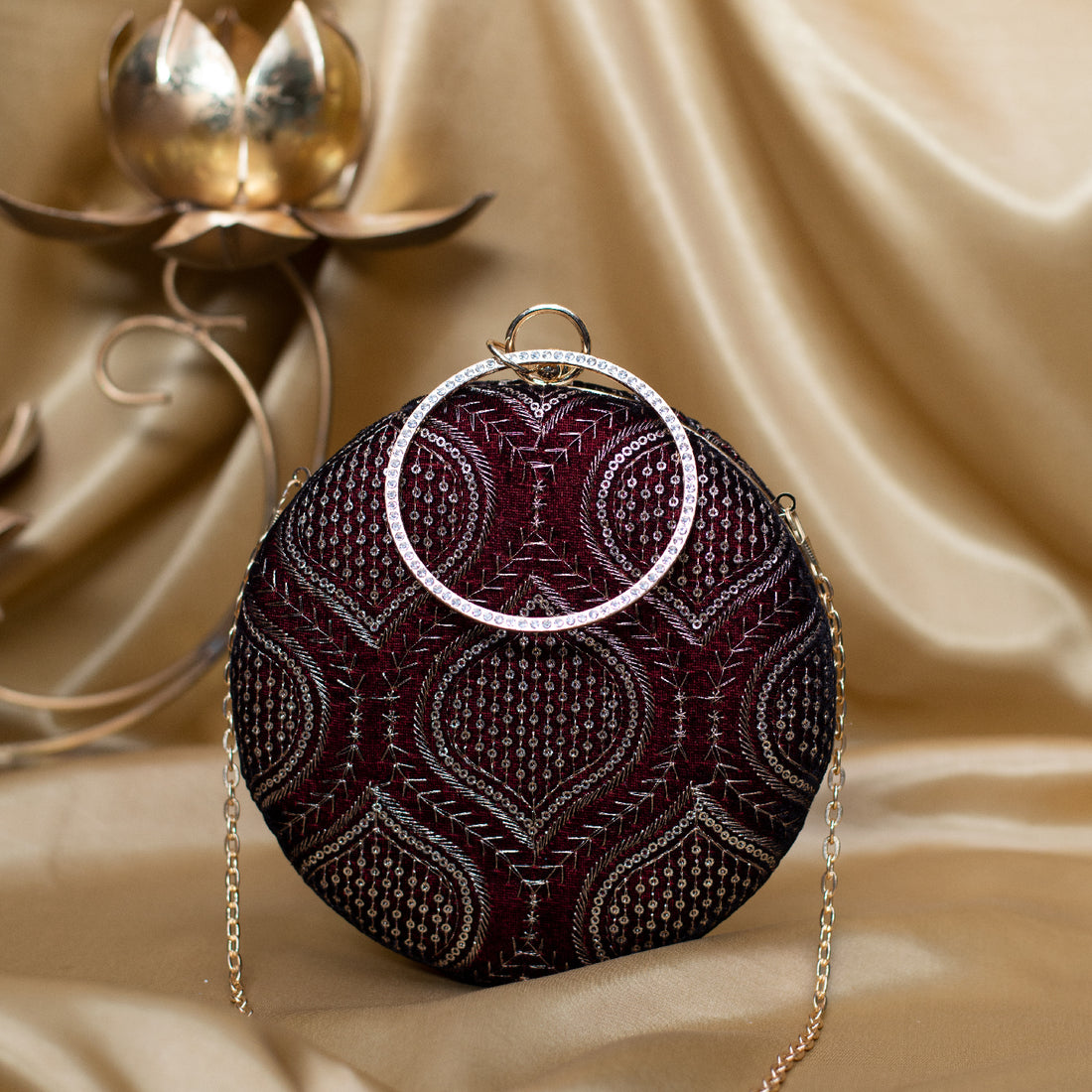 Artklim Dark Maroon Based Golden Sequins And Threadwork Embroidery Clutch