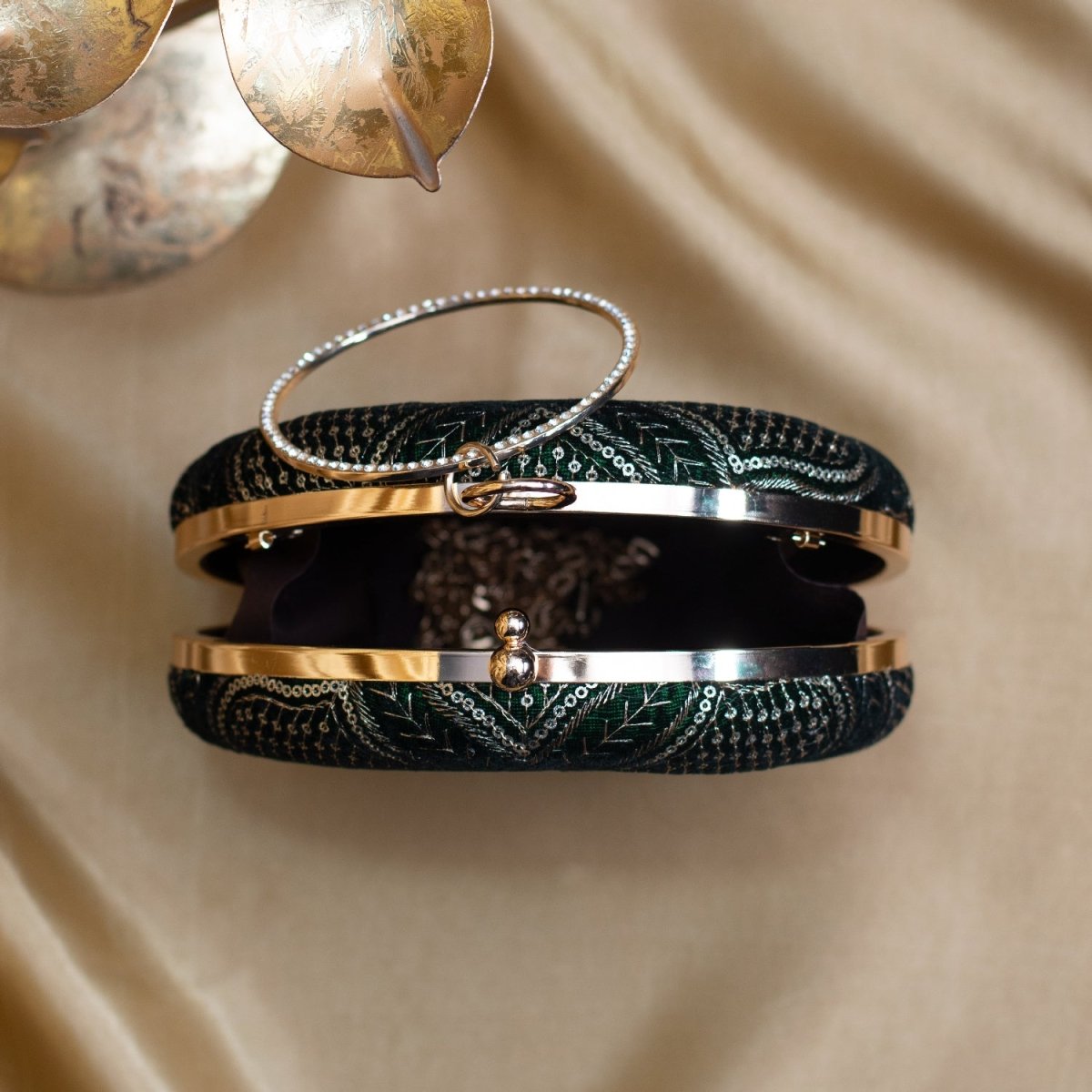 Artklim Dark Green Based Silver Threadwork And Sequins Embroidery Clutch