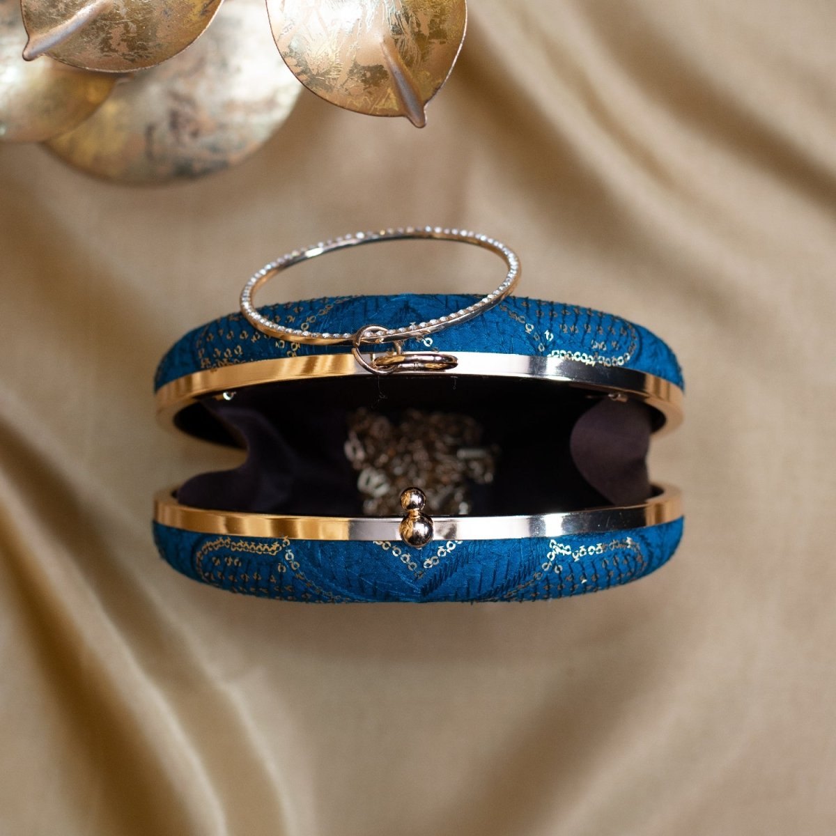 Artklim Blue Based Silver Sequins And Threadwork Embroidery Clutch