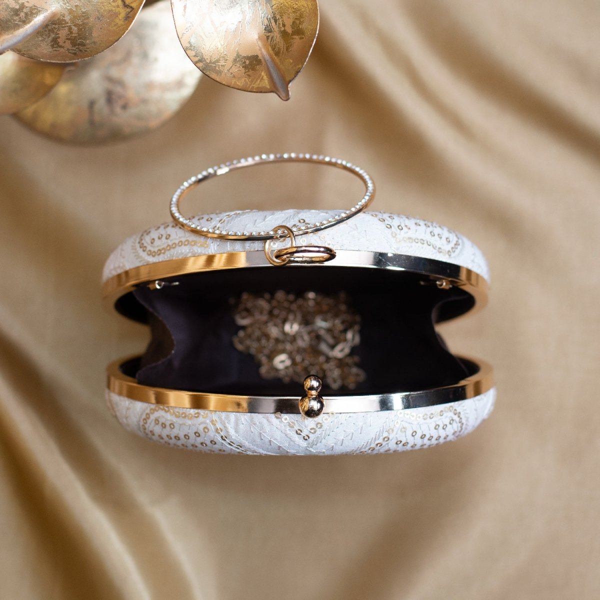 Artklim White Based Golden Sequins Embroidery Clutch