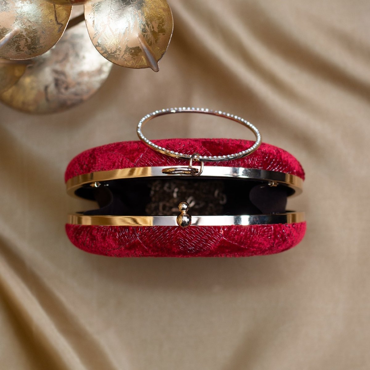 Artklim Red Based Silver Sequins Embroidery Clutch