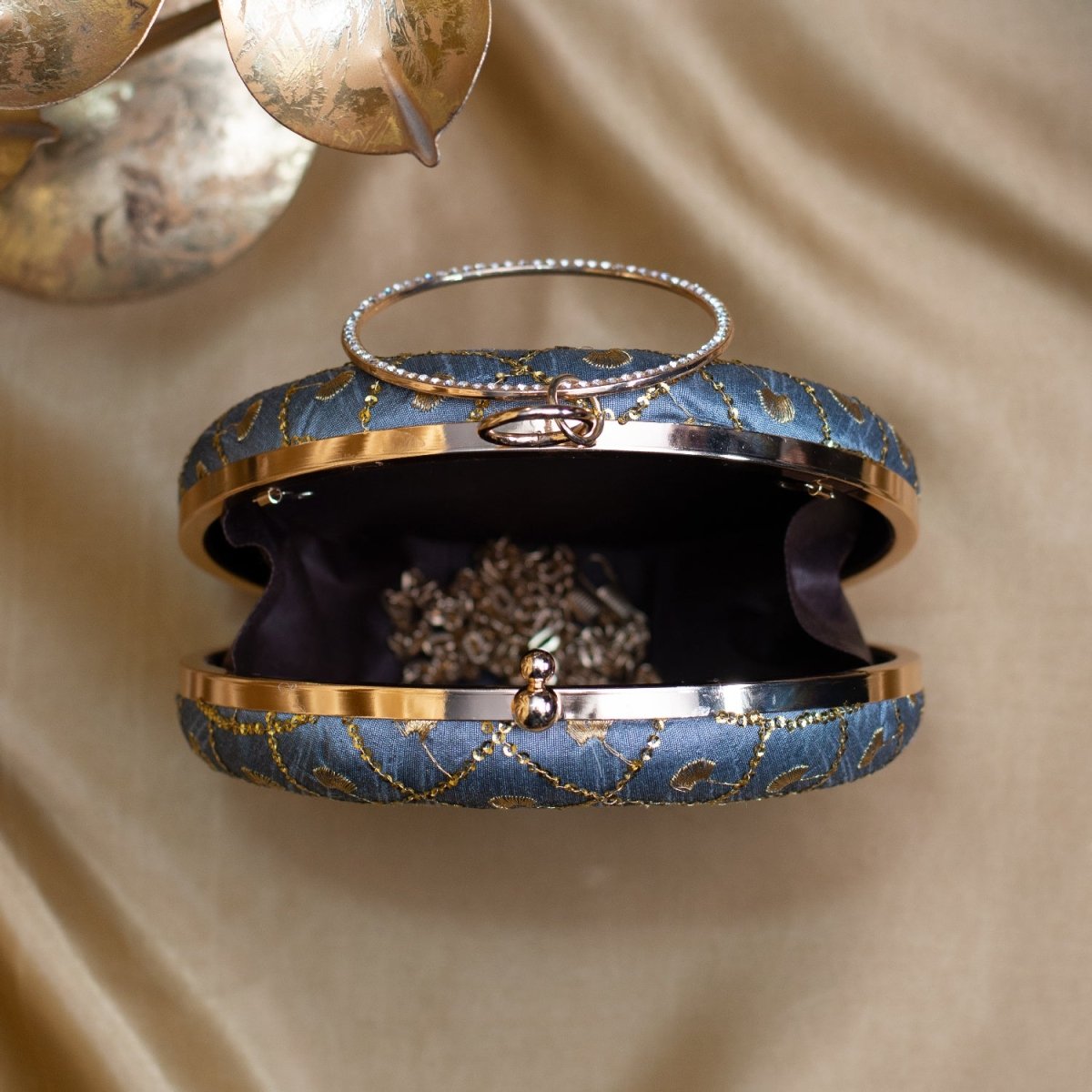 Artklim Grey Based Golden Sequins Embroidery Clutch