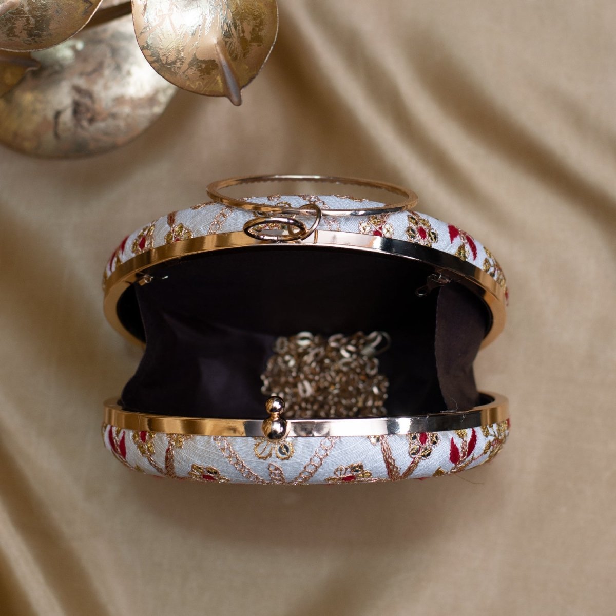 Artklim Off White Based Golden And Maroon Threadwork Embroidery Clutch
