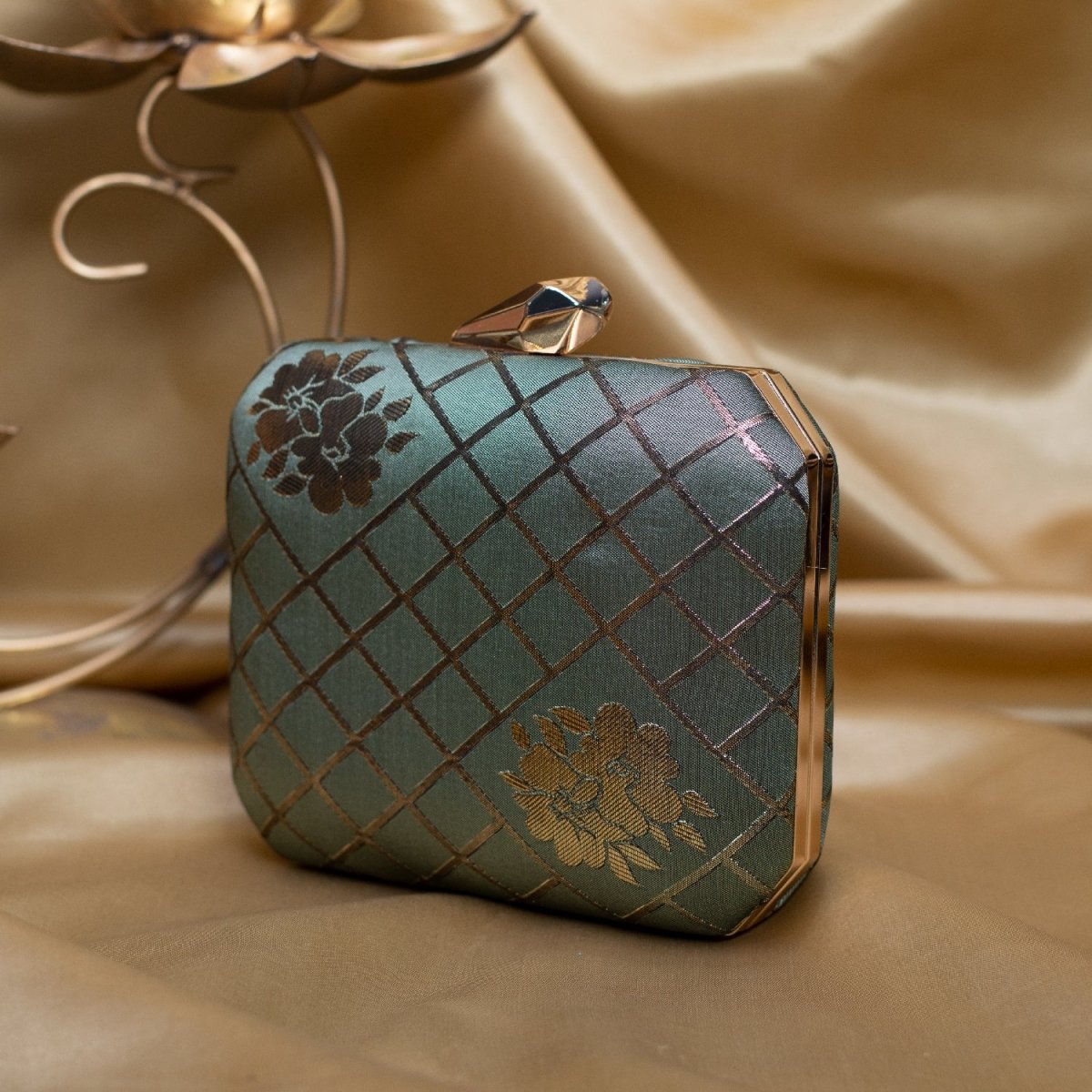 Artklim Olive Green Based Floral Pattern Brocade Fabric Clutch