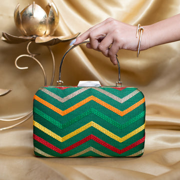 Artklim Green Based Multicolored Threadwork Embroidery Clutch