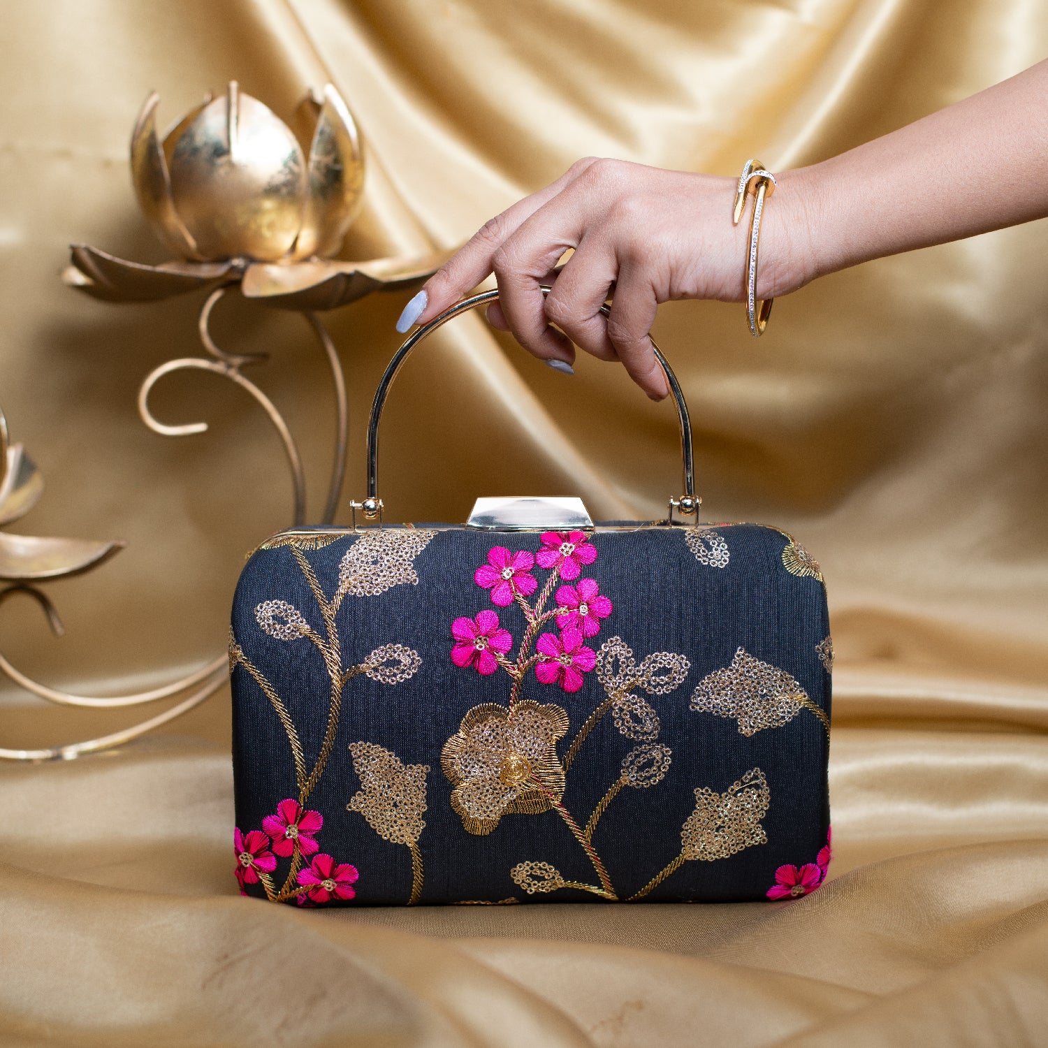 Artklim Black Based Pink And Golden Floral Embroidery Clutch