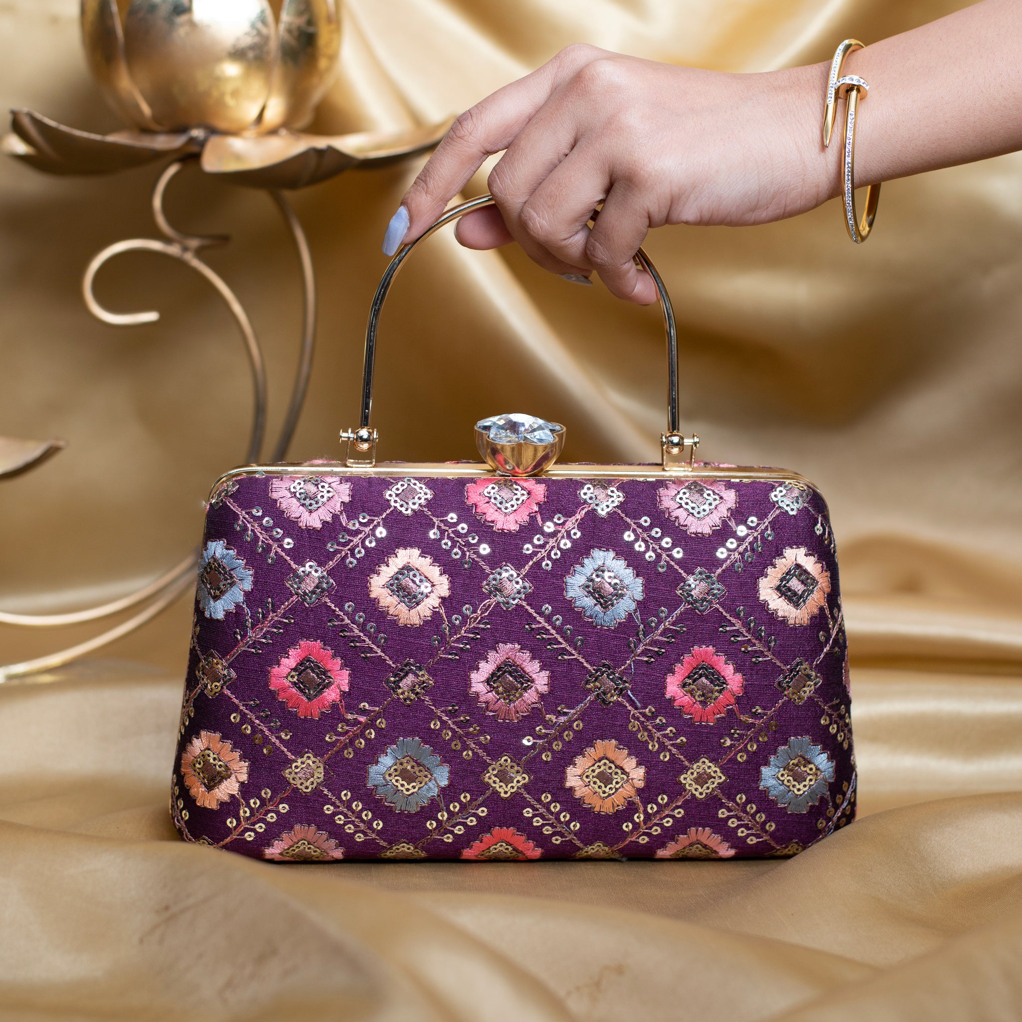 Artklim Purple Based Multicolored Threadwork Embroidery Clutch