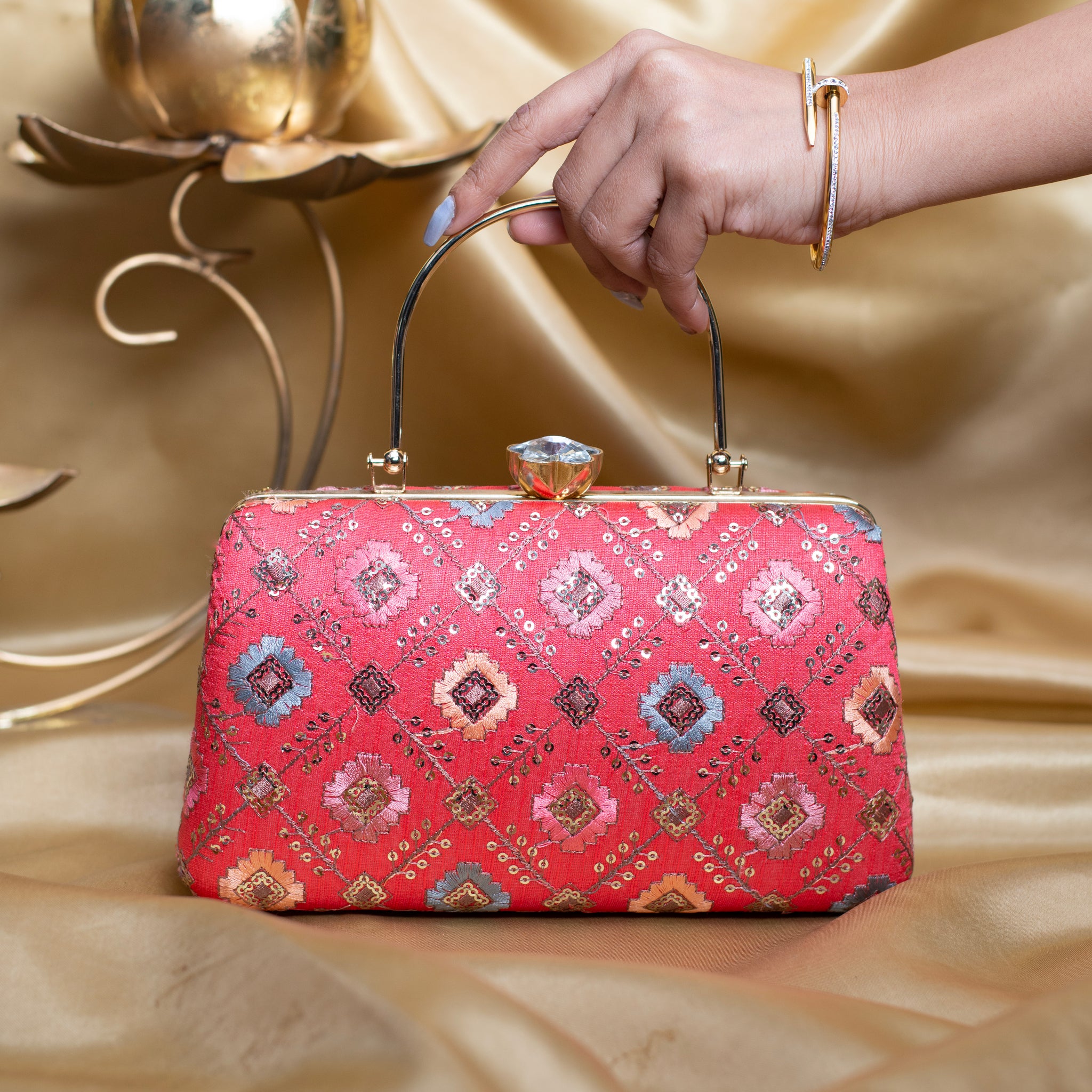 Artklim Red Based Multicolored Threadwork Embroidery Clutch