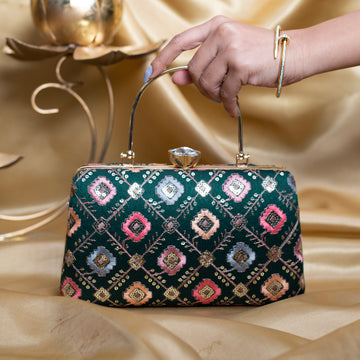 Artklim Green Based Multicolored Threadwork Embroidery Clutch