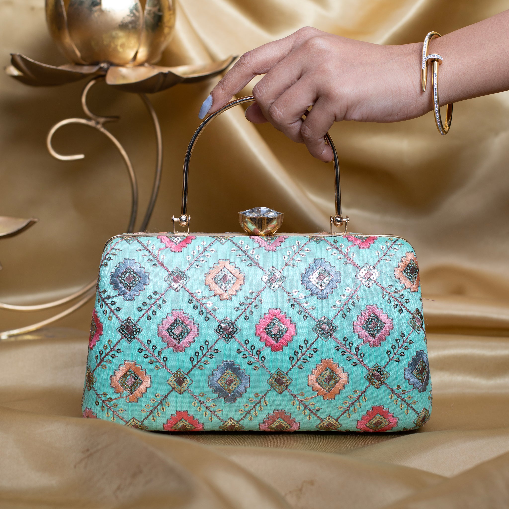 Artklim Pastel Blue Based Multicolored Threadwork Embroidery Clutch