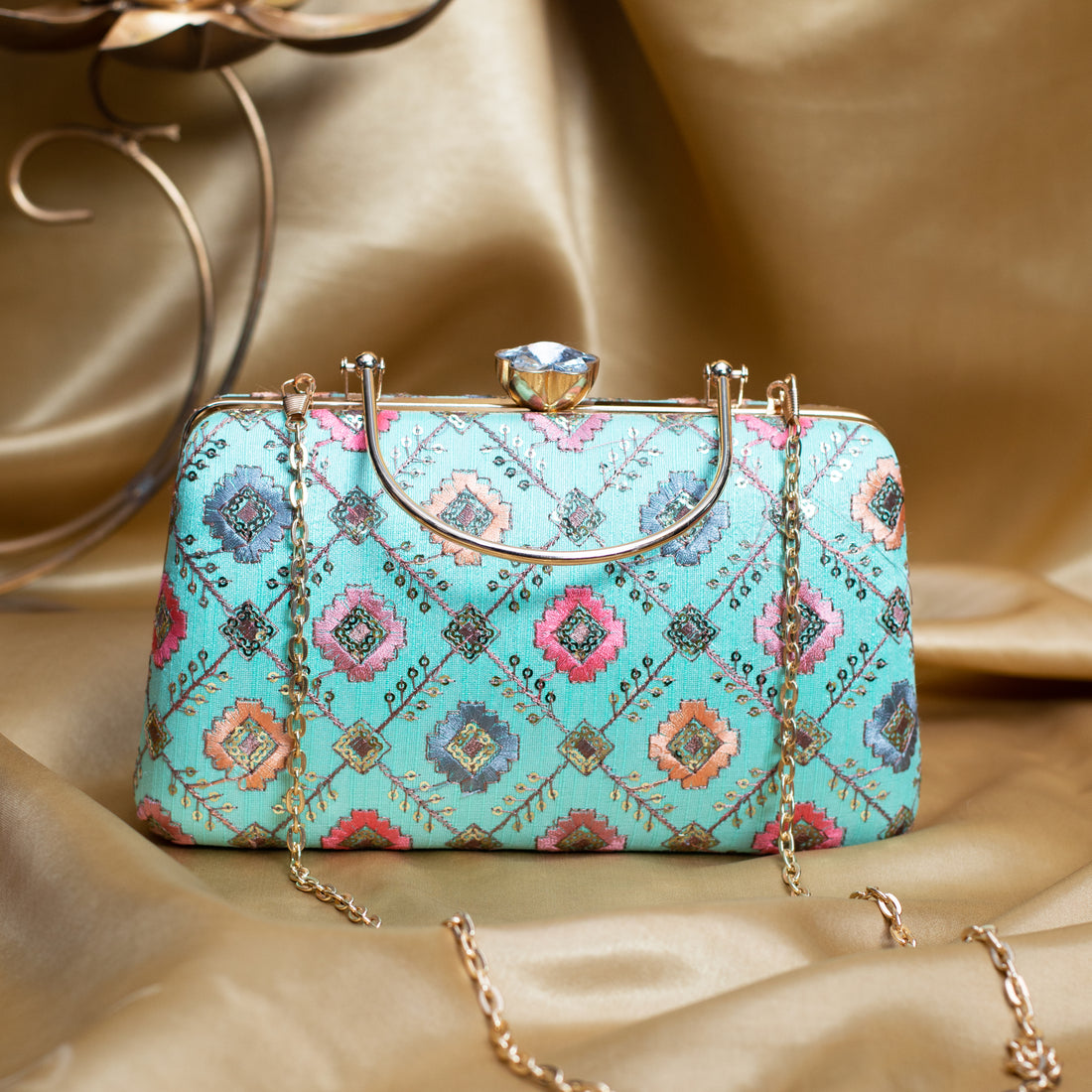 Artklim Pastel Blue Based Multicolored Threadwork Embroidery Clutch