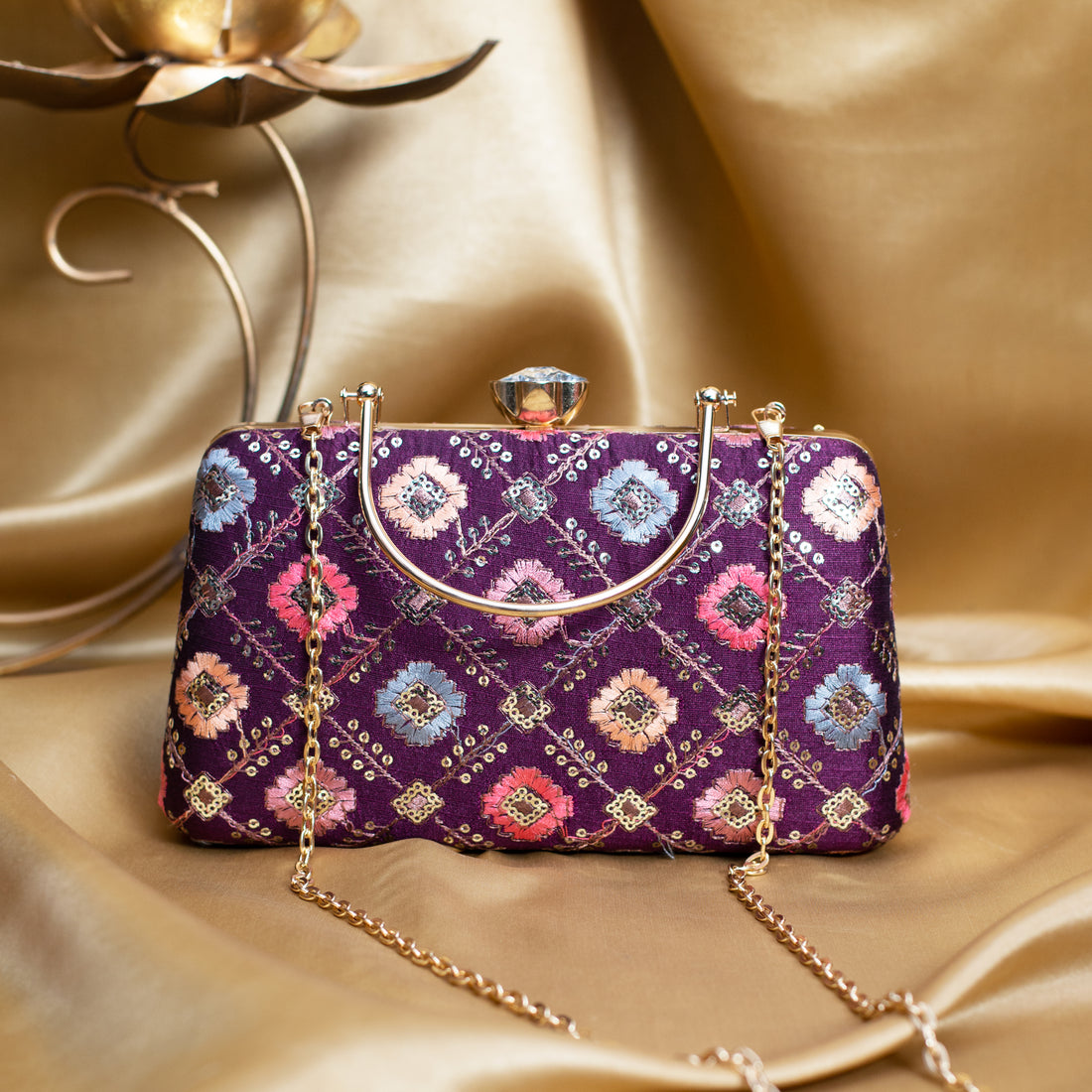 Artklim Purple Based Multicolored Threadwork Embroidery Clutch