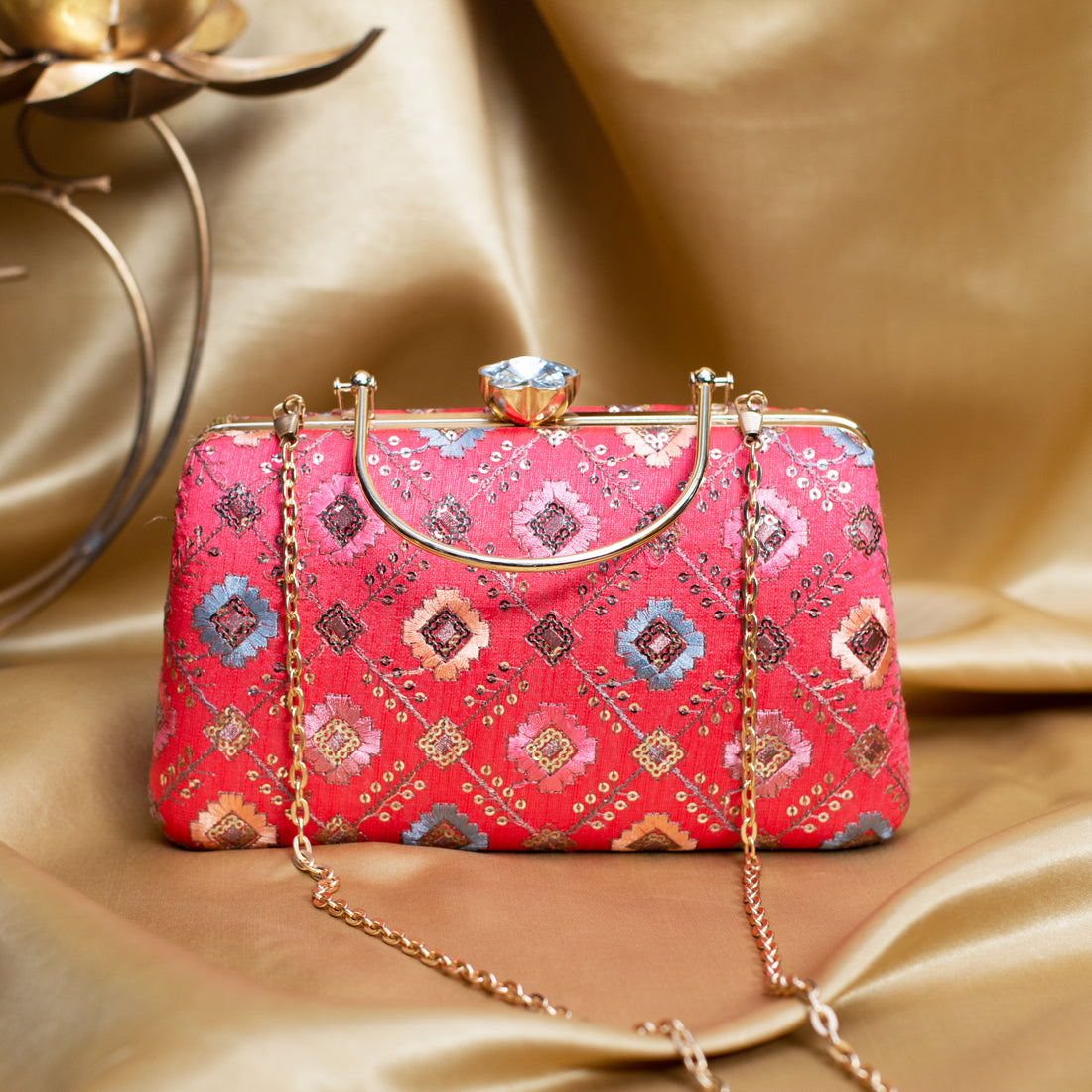 Artklim Red Based Multicolored Threadwork Embroidery Clutch