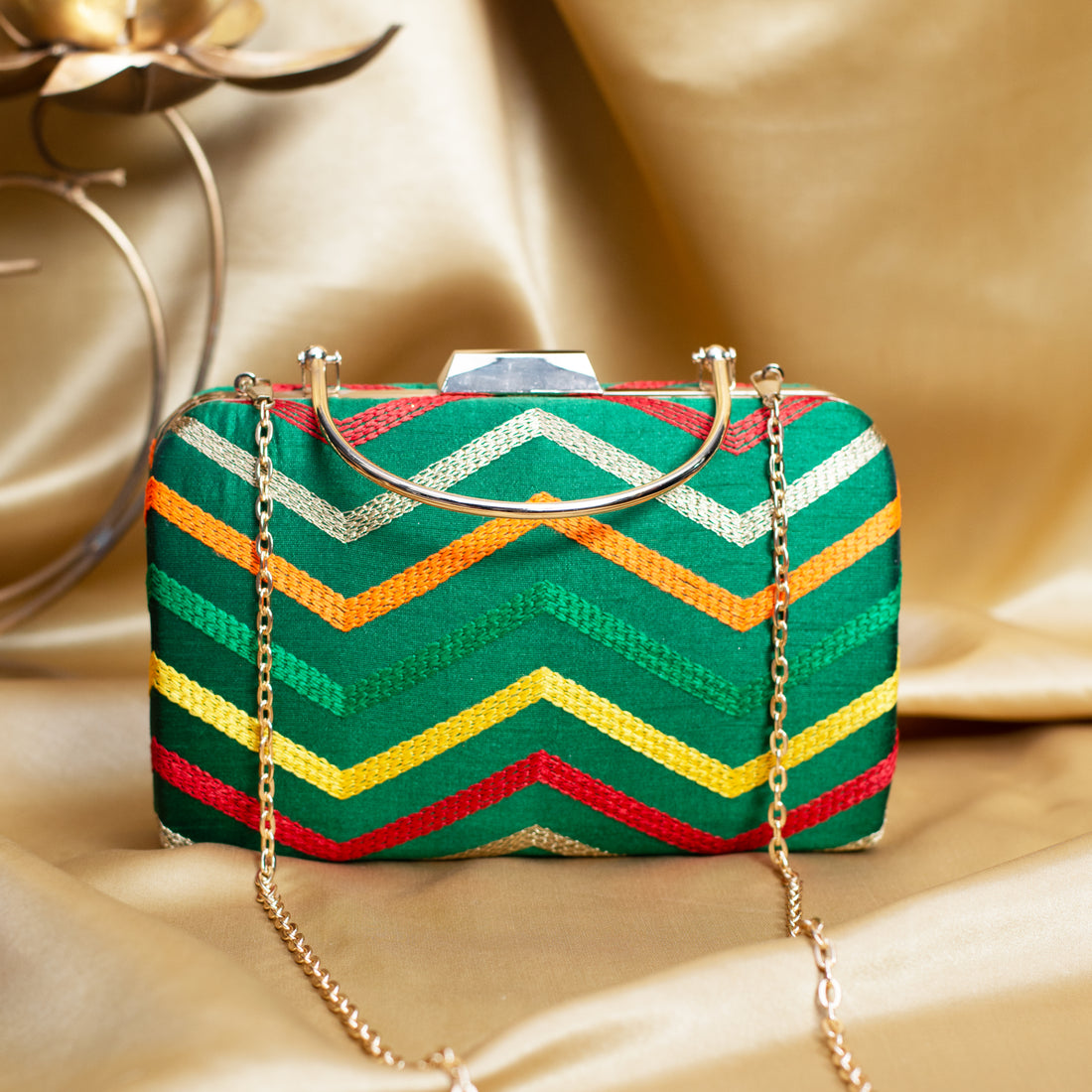 Artklim Green Based Multicolored Threadwork Embroidery Clutch