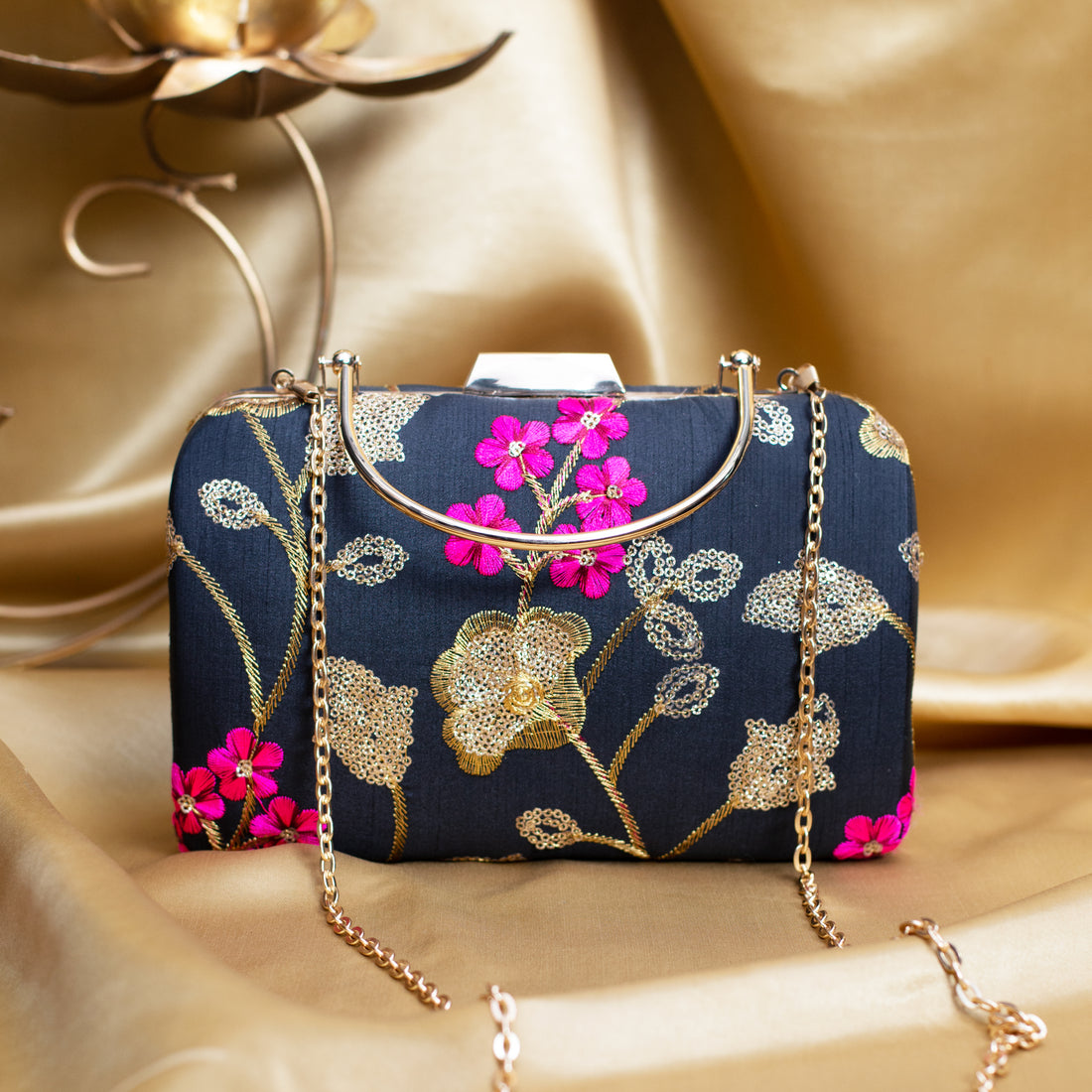 Artklim Black Based Pink And Golden Floral Embroidery Clutch