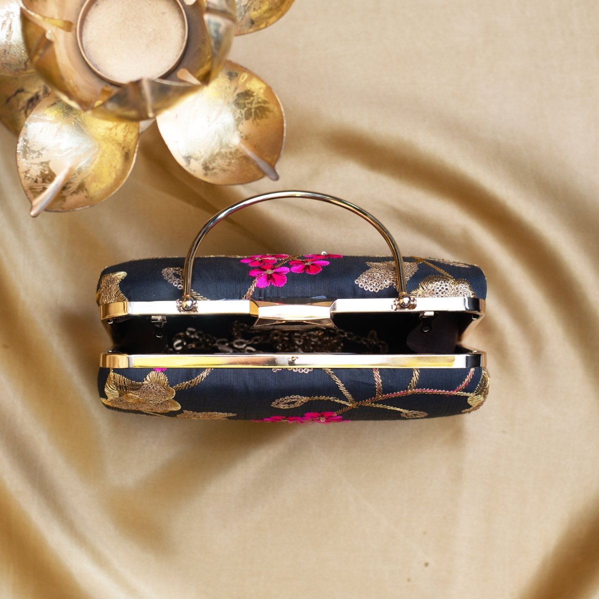 Artklim Black Based Pink And Golden Floral Embroidery Clutch