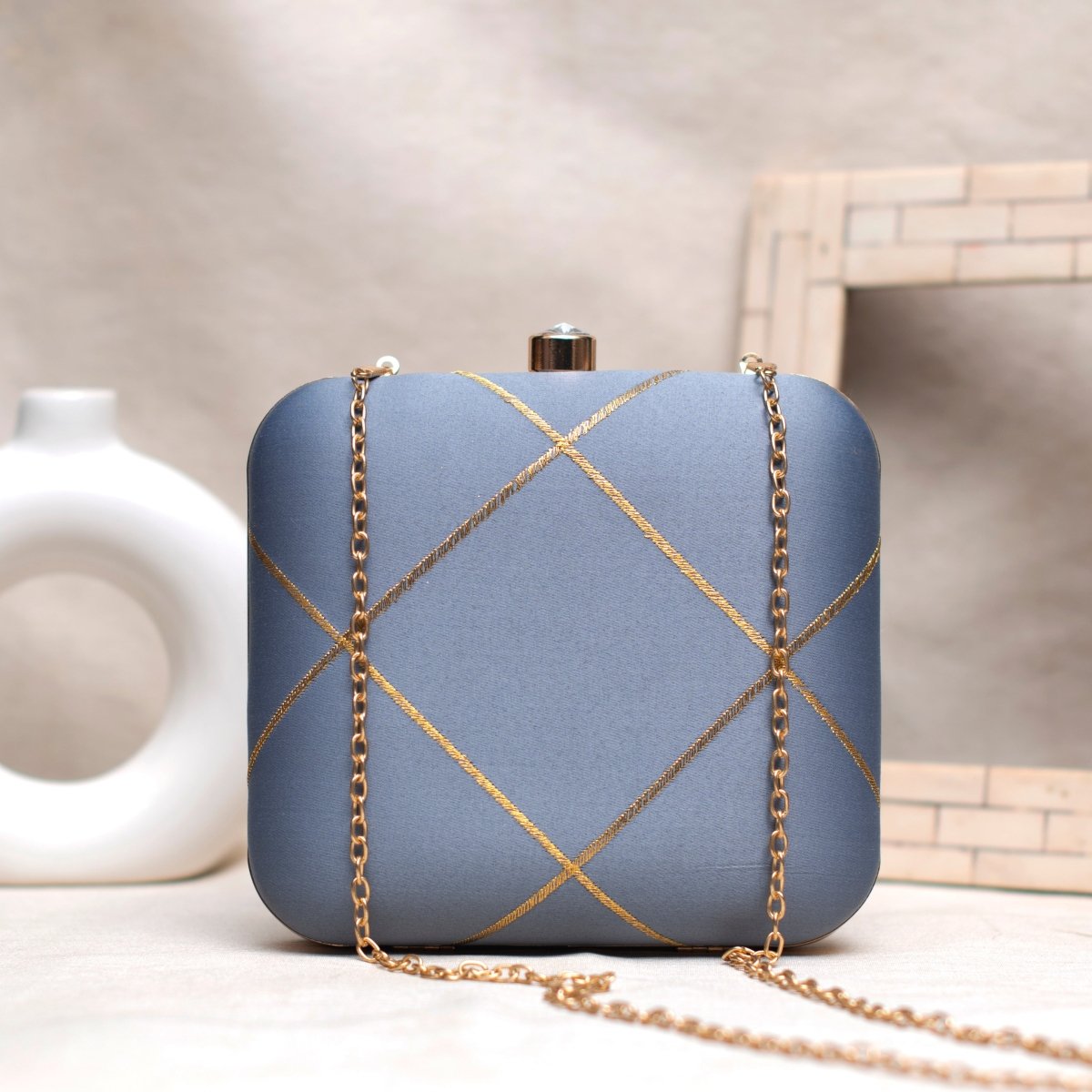 Grey And Golden Checks Embroidery Clutch