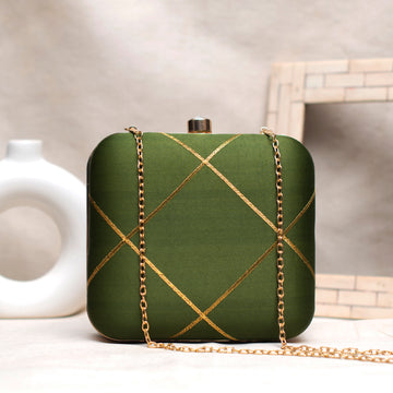 Olive Green And Golden Checks Embroidery Clutch