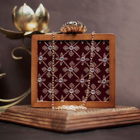 Maroon Sequins Embroidery Wooden Clutch