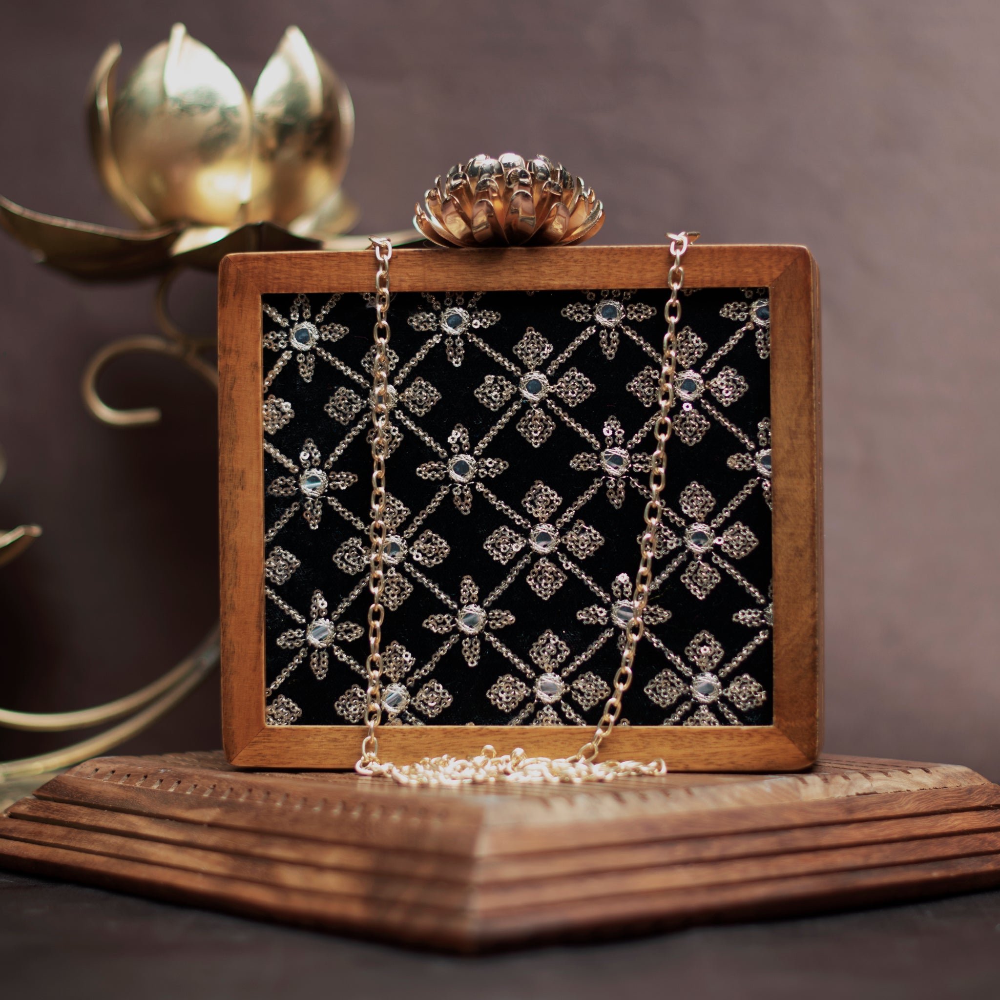 Black Sequins Embroidery Wooden Clutch