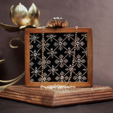 Black Sequins Embroidery Wooden Clutch