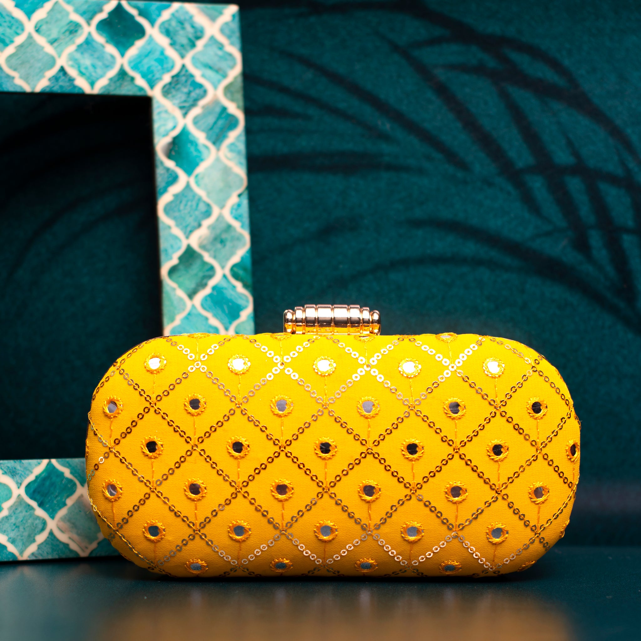 Yellow Sequins Checks Capsule Clutch