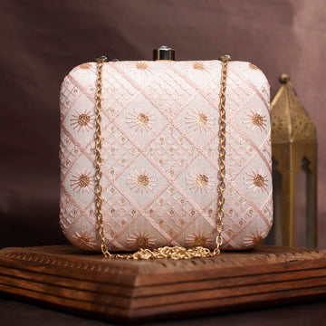 Baby Pink Box Pattern Sequins Embroidery Clutch