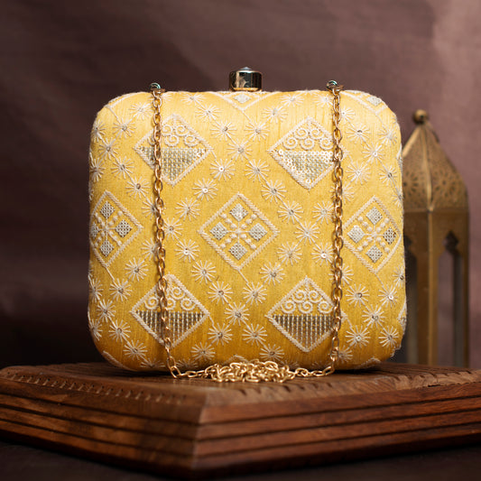 Yellow Threadwork And Sequins Embroidery Clutch
