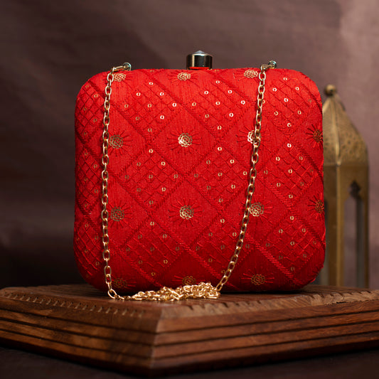 Red Box Pattern Sequins Embroidery Clutch