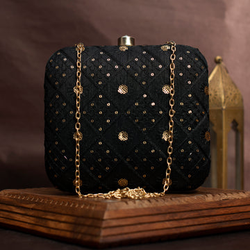 Black Box Pattern Sequins Embroidery Clutch