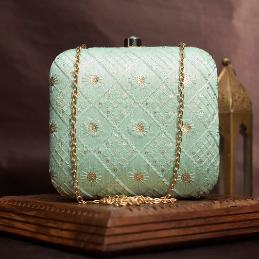 Turquoise Box Pattern Sequins Embroidery Clutch