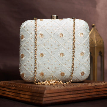 White Box Pattern Sequins Embroidery Clutch