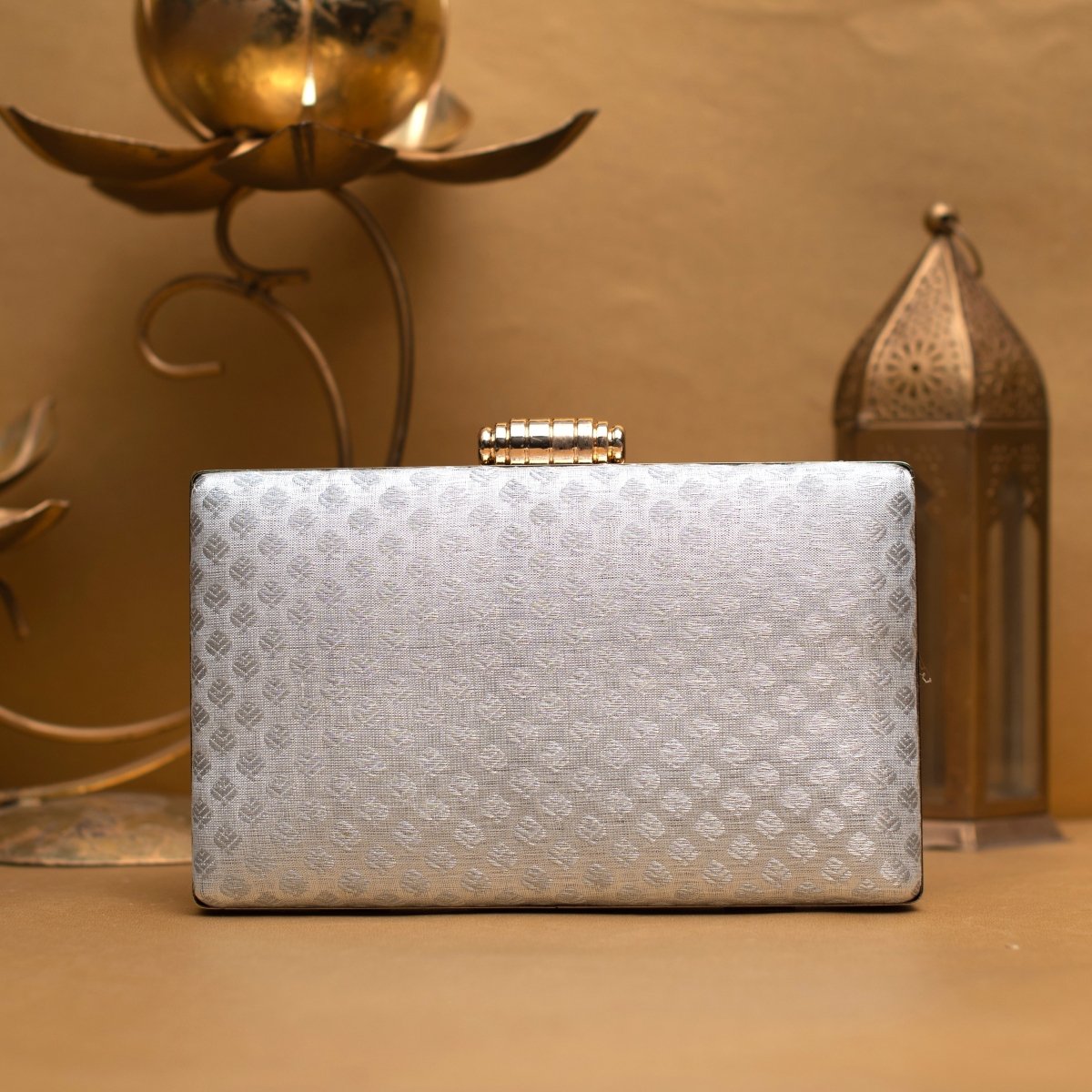 Silver Brocade Rectangle Fabric Clutch