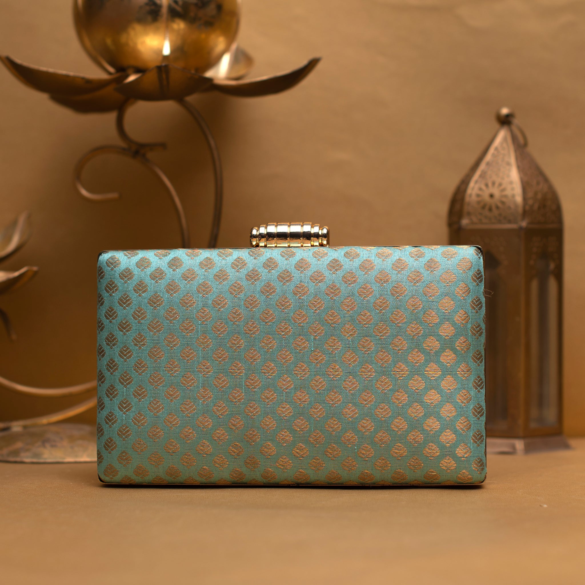 Marine Green Brocade Rectangle Fabric Clutch