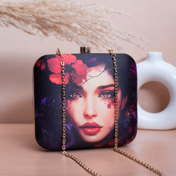 Artklim Black Based Portrait Printed Clutch