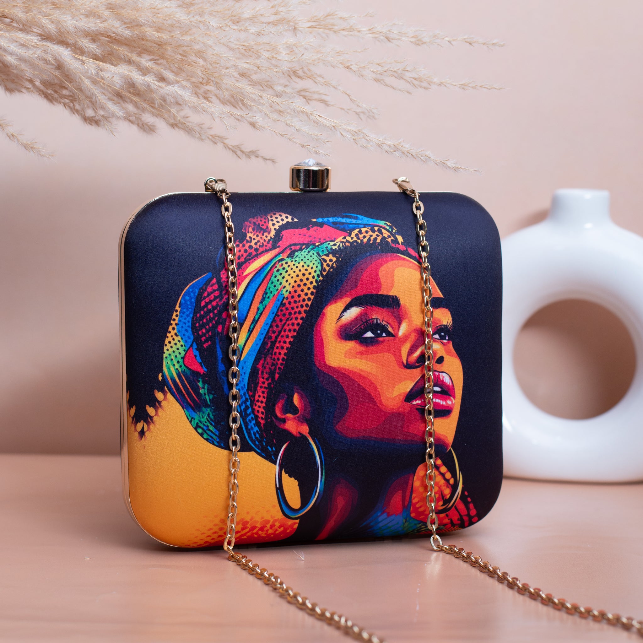 Artklim Blue Based Afro Women Portrait Printed Clutch