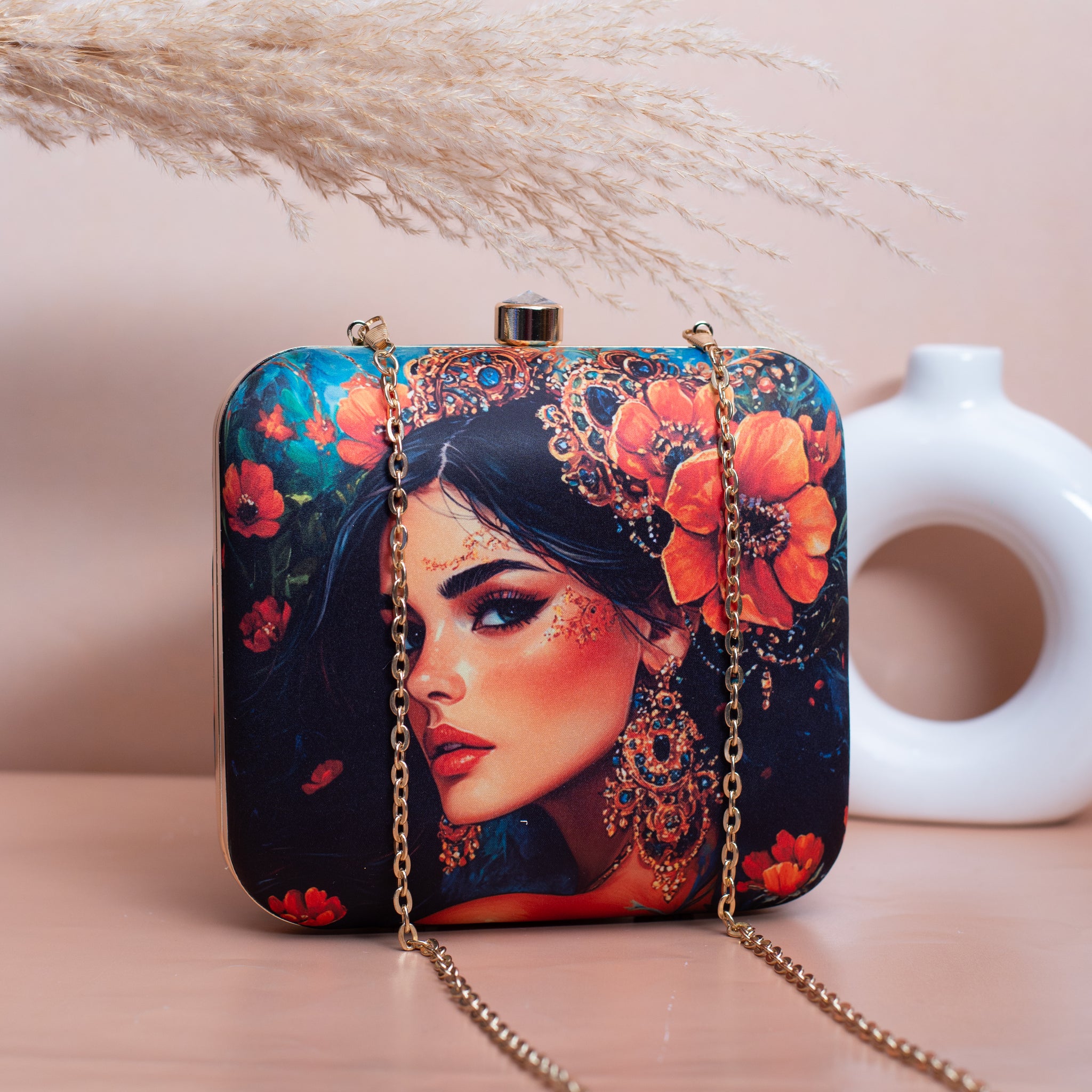 Artklim Blue Based Floral Women Portrait Printed Clutch