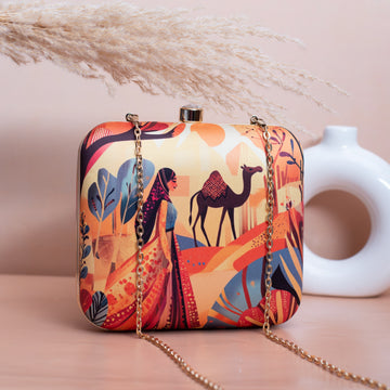 Artklim Beige Based Women with Camel Printed Clutch