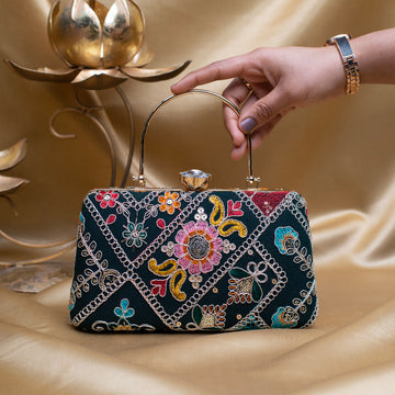 Artklim Black Based Multicoloured Embroidery Clutch