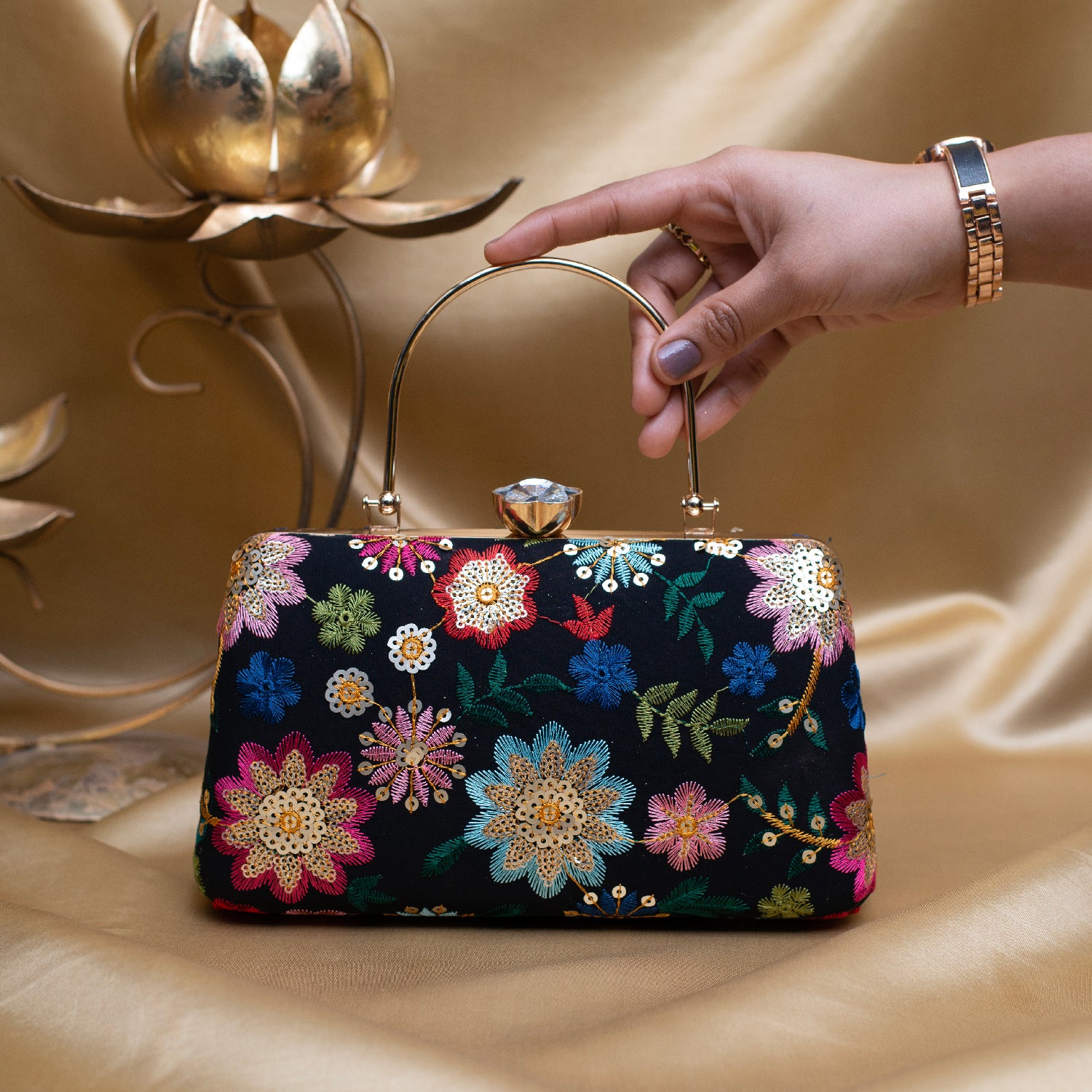 Artklim Black Based Multicoloured Floral Embroidery Clutch