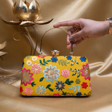 Artklim Yellow Based Multicoloured Floral Embroidery Clutch