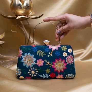 Artklim Blue Based Multicoloured Floral Embroidery Clutch