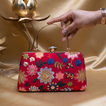 Artklim Red Based Multicoloured Floral Embroidery Clutch