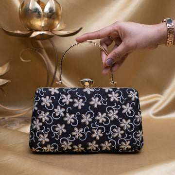 Artklim Black Based White Floral Embroidery Clutch