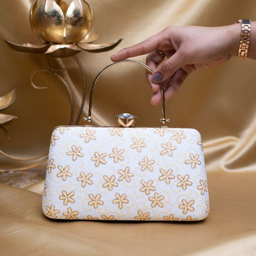 Artklim White Based Golden Floral Embroidery Clutch