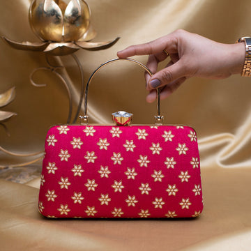 Artklim Red Based Golden Floral Embroidery Clutch