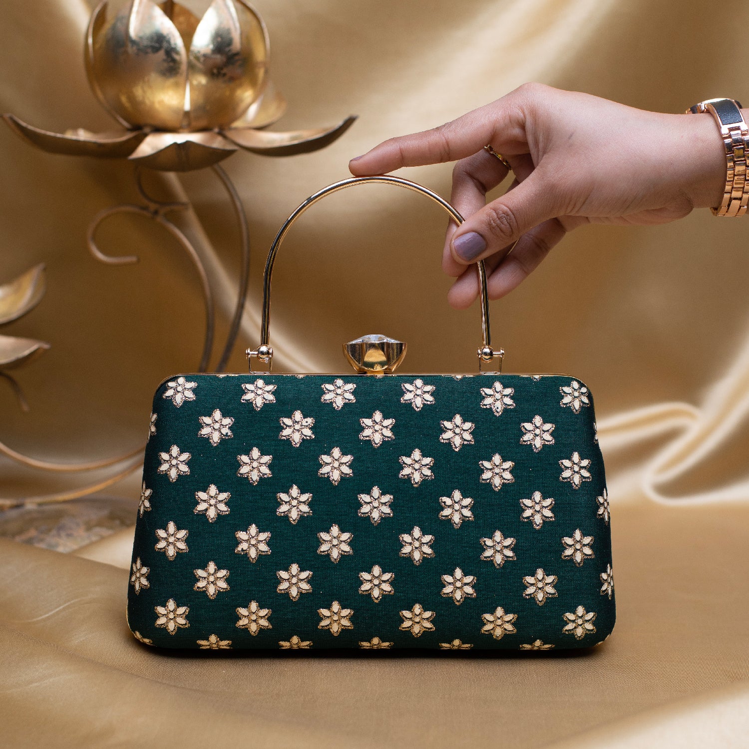 Artklim Dark Green Based Golden Floral Embroidery Clutch