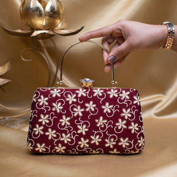 Artklim Maroon Based White Floral Embroidery Clutch