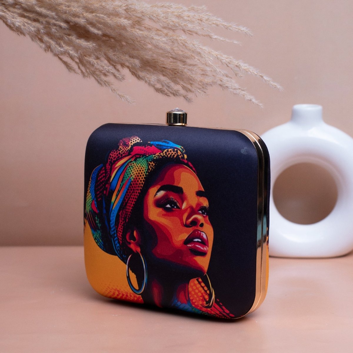 Artklim Blue Based Afro Women Portrait Printed Clutch